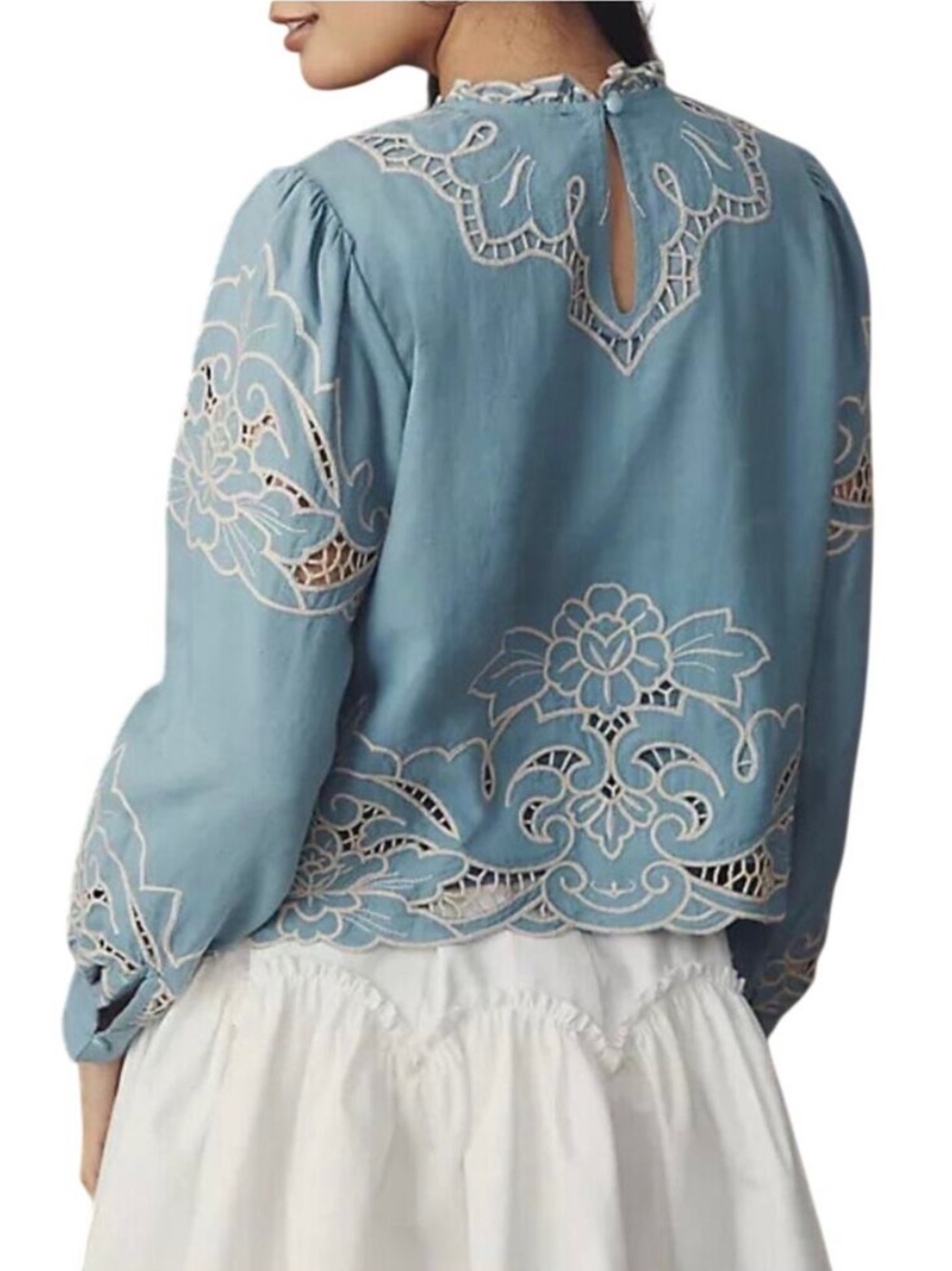 ANTHROPOLOGIE Women's Boho Lainie Linen Blend Blue Eyelet Cutout Top Large - Picture 2 of 9